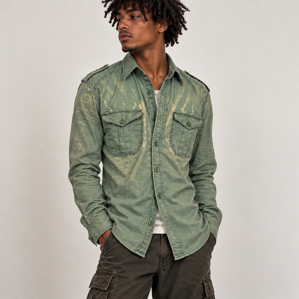 Threads & Heirs Mens Shirt Military Utility Acid Wash Distressed Size M Green